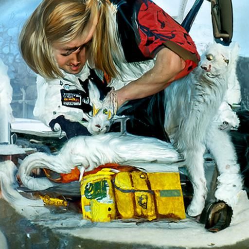 A blonde paramedic holding a white cat