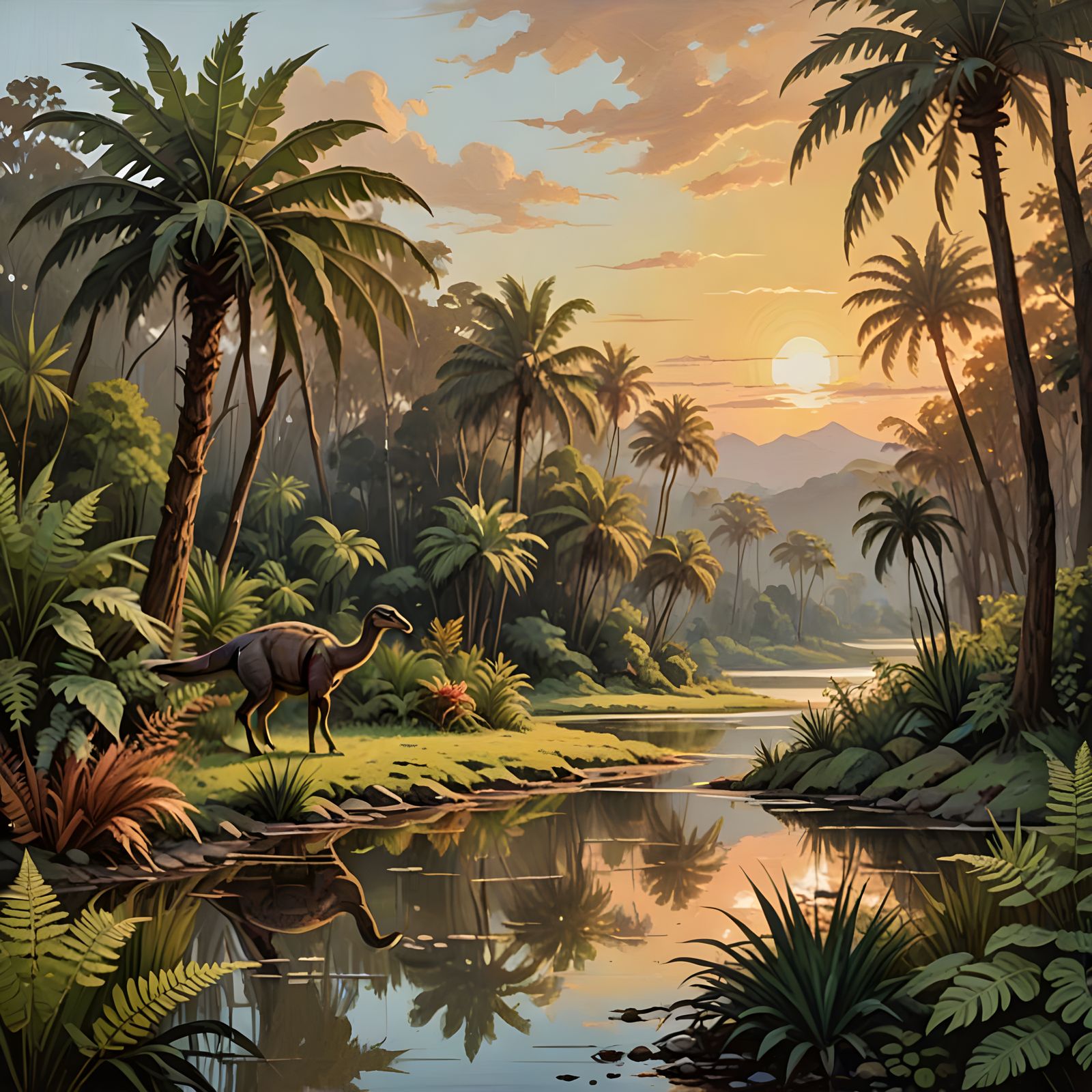 Jurassic Oasis at Sunset: A Romantic Landscape Painting