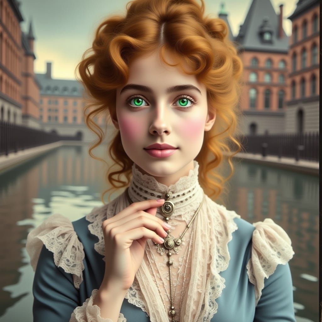 <lora:Flux Gibson Girl:1.0> beautiful ethereal golden haired edwardian woman with green eyes posing for a portrait, soft blue dress, softly...
