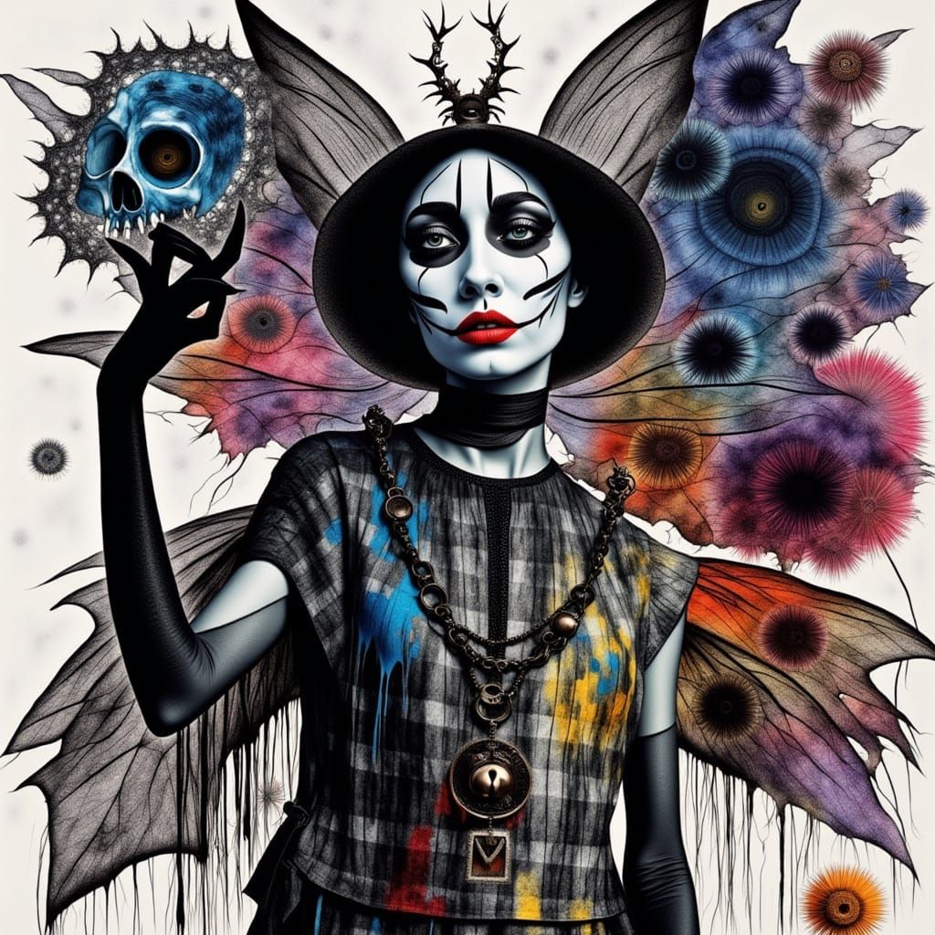 <lora:Dark Beings:1.0>  Imagine a mischievous supervillain with the ability to manipulate Rorschach ink blots, wreaking havoc in a high-fash...