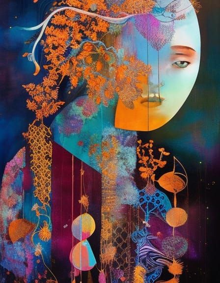 Celestial Girl Portrait with Sunbeams and Constellations