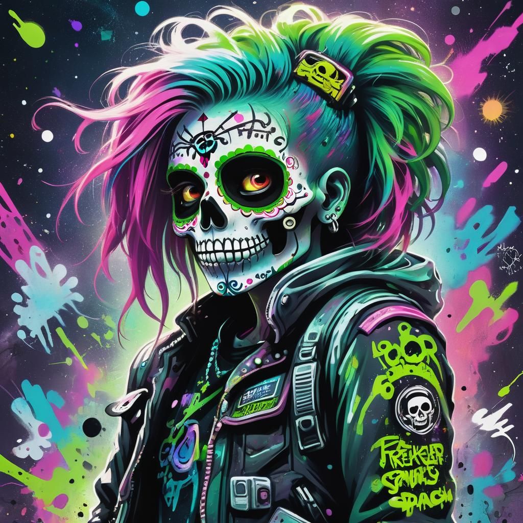 A grittily enchanting punk rocker sugar skull,