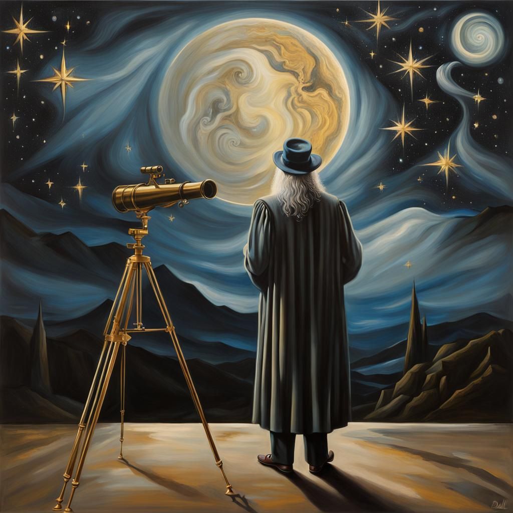 dumbledore from the back observing the stars through a teles...