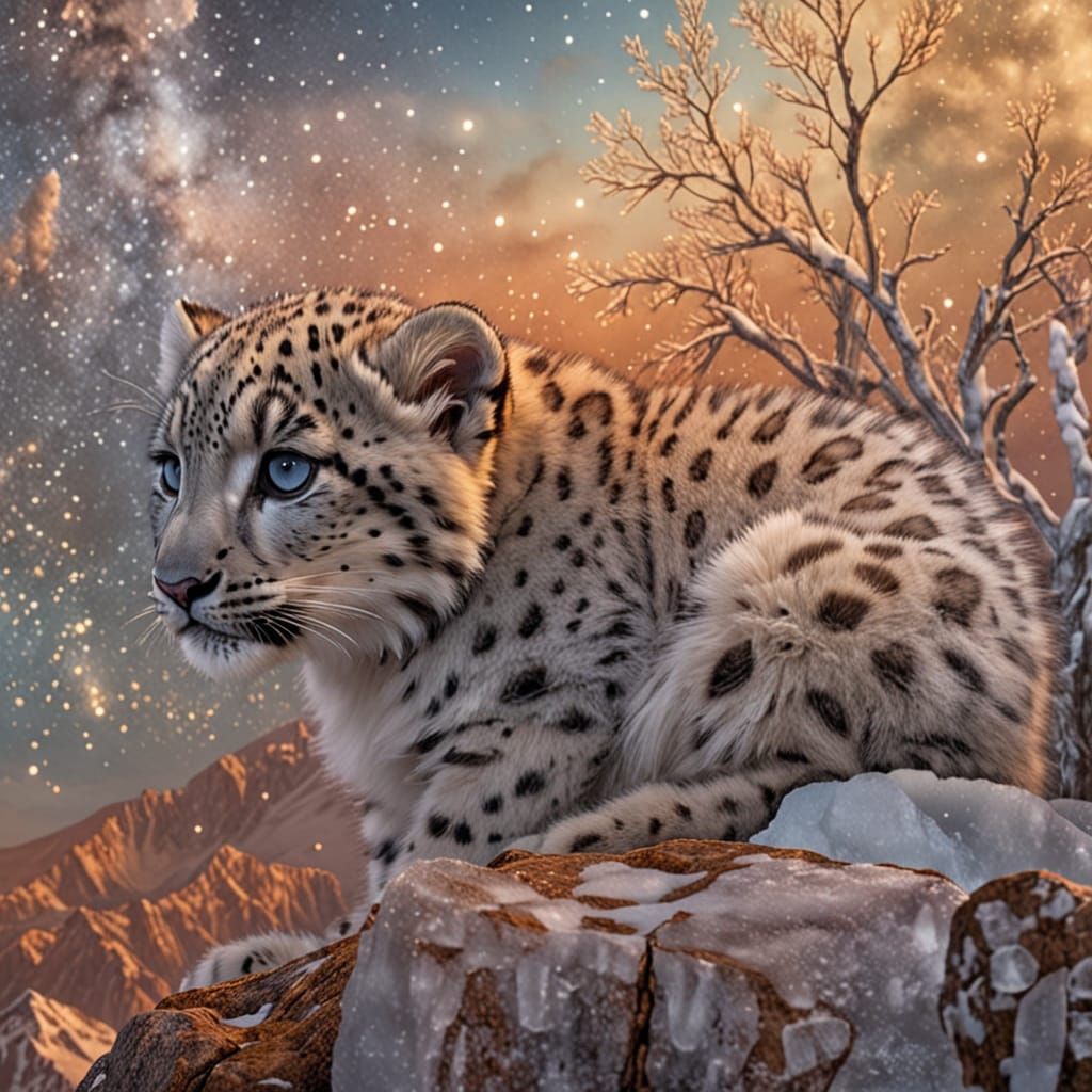 A solitary snow leopard cub