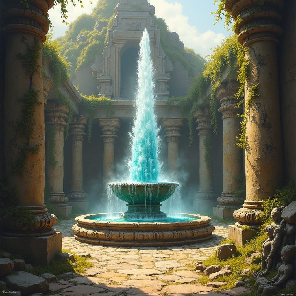 A splendid fountain in the middle of a decaying old fortress. Water emerged in a glorious spray, powered by some unseen magical source. This...
