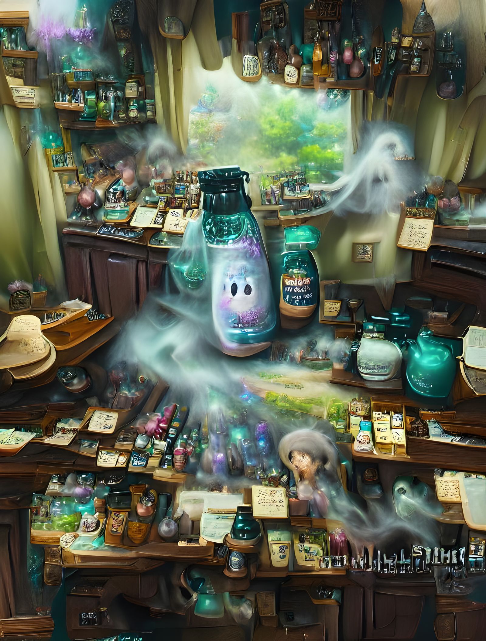 Studio ghibli, potion, wood counter, shelves, bottles, count...