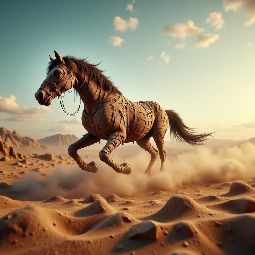 <lora:-The Mummy-:1.0> a running horse, endless desert view