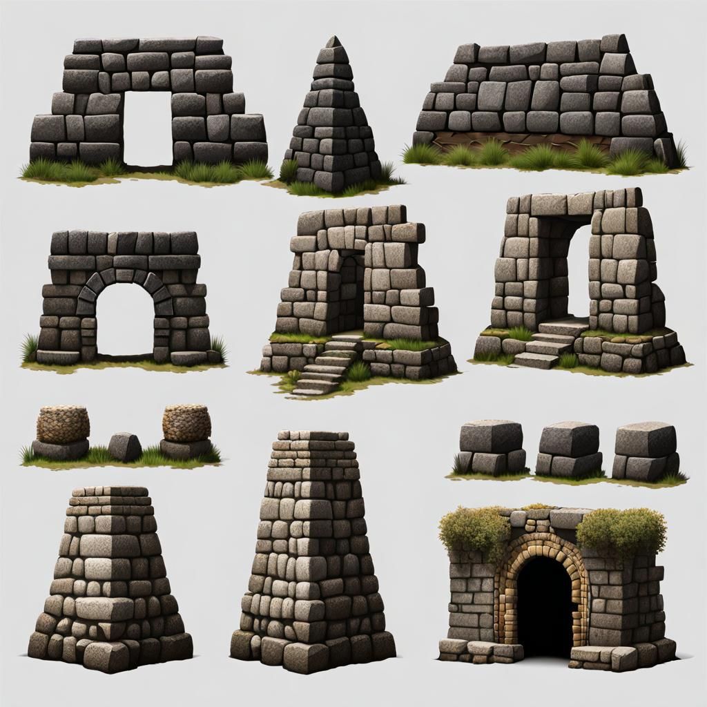 sprite sheet. Machu Picchu, dry stone, fitted. rundown ruins...