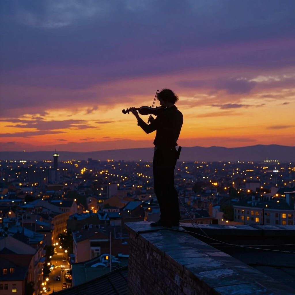 Violinist on Tower Rooftop at Sunset