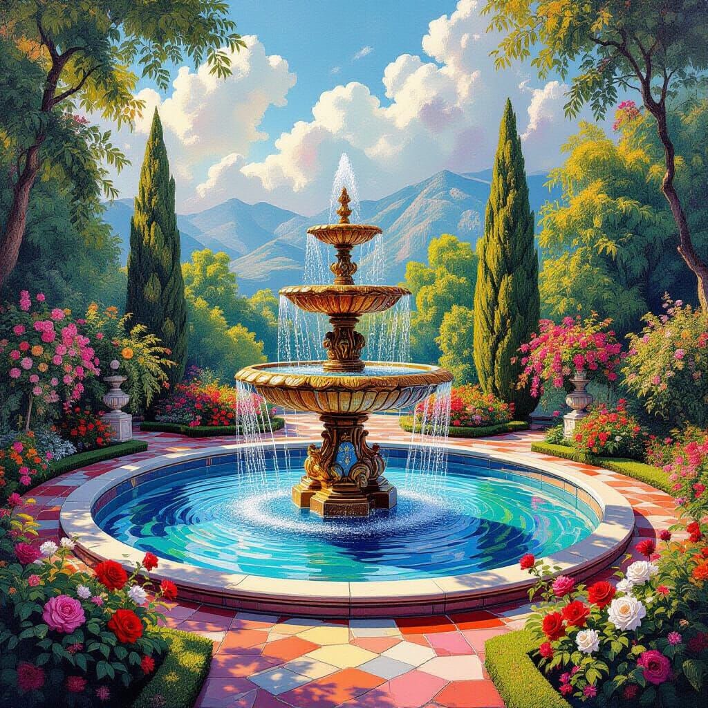 Exquisite Rococo fountain in a colorful garden  by @VolcanoKatze