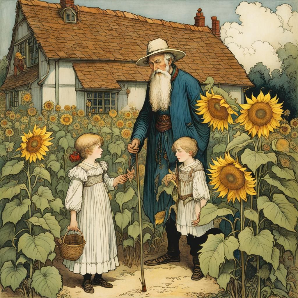 the old gardener and his grandchildren are happy about the sunflowers ...