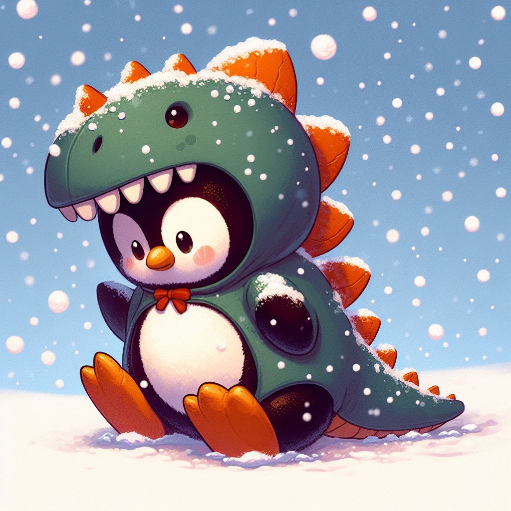 pinguin dressed in a dino costume