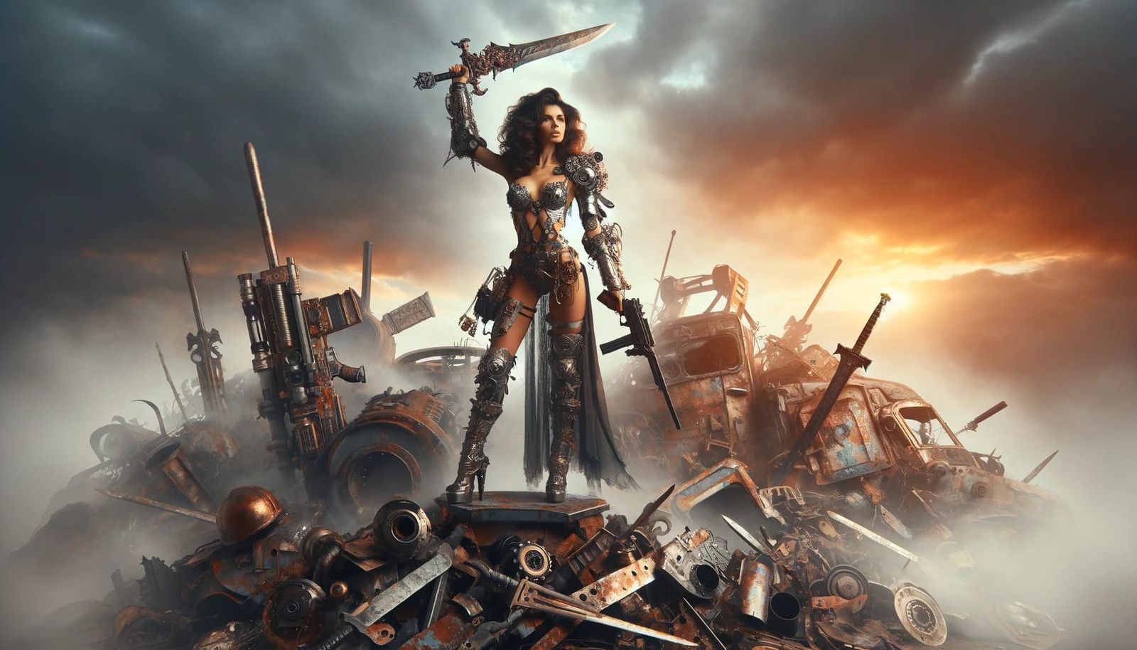 fantasy warrior woman standing atop a heap of wreckage and w...