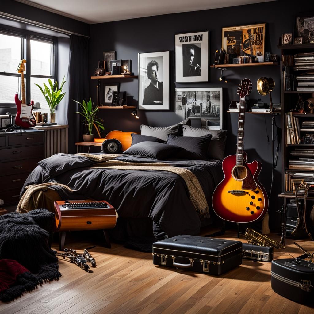 dusky and messy punk rock guy's bedroom with guitar and saxo...