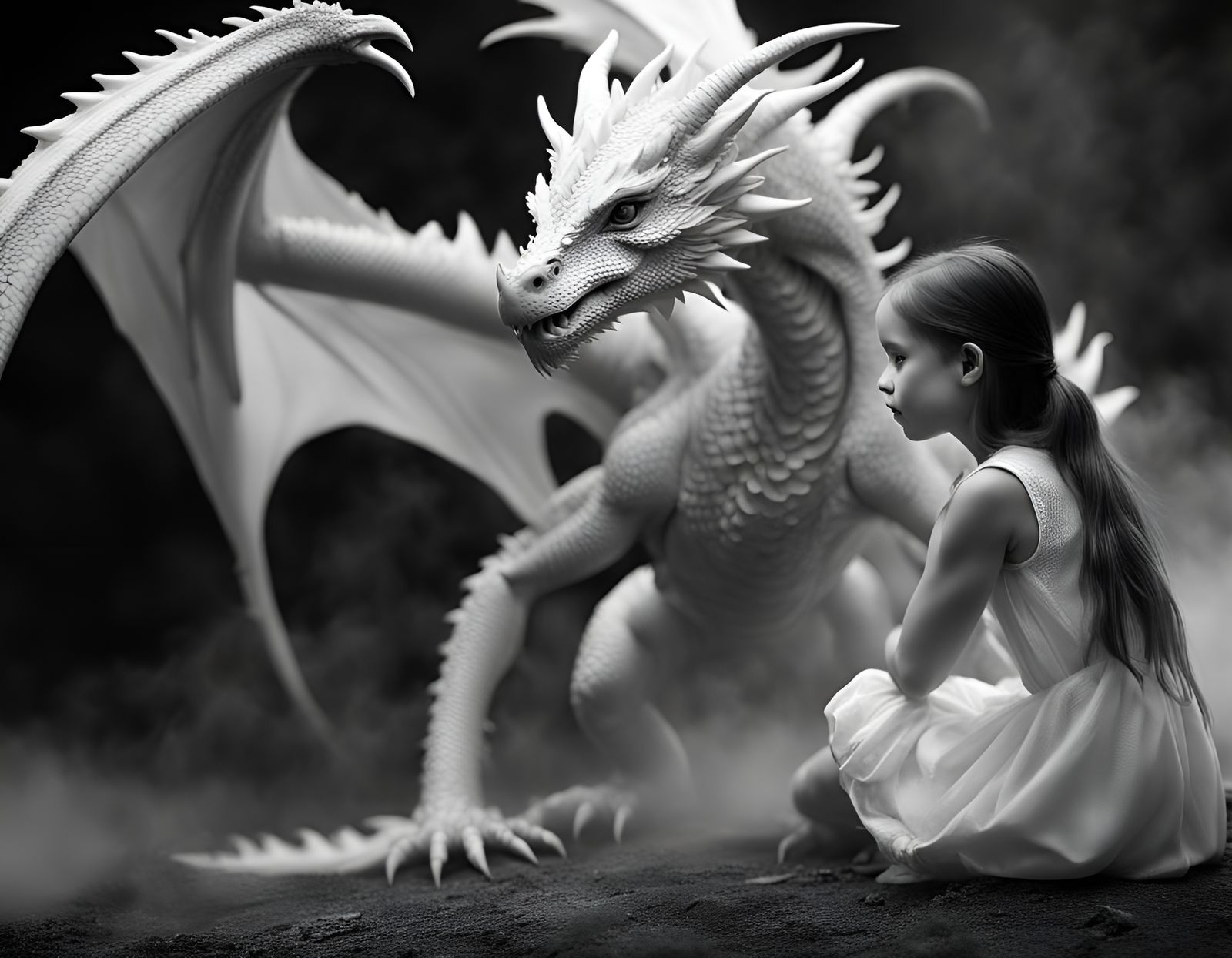 A baby white dragon and her pet human girl.  by @Brooky