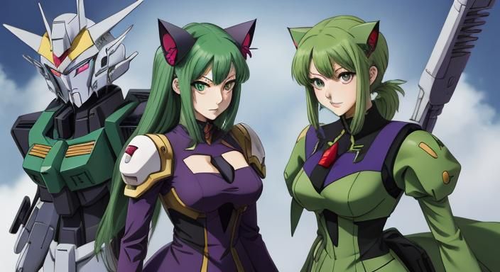 cat girl green hair purple eyes gundam zeon