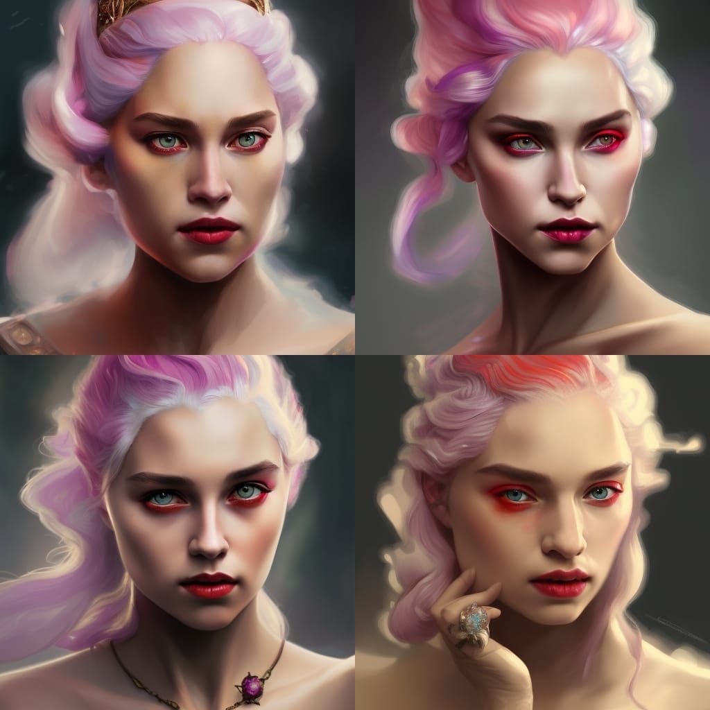 A beautiful Targaryen princess with red makeup and purple je...