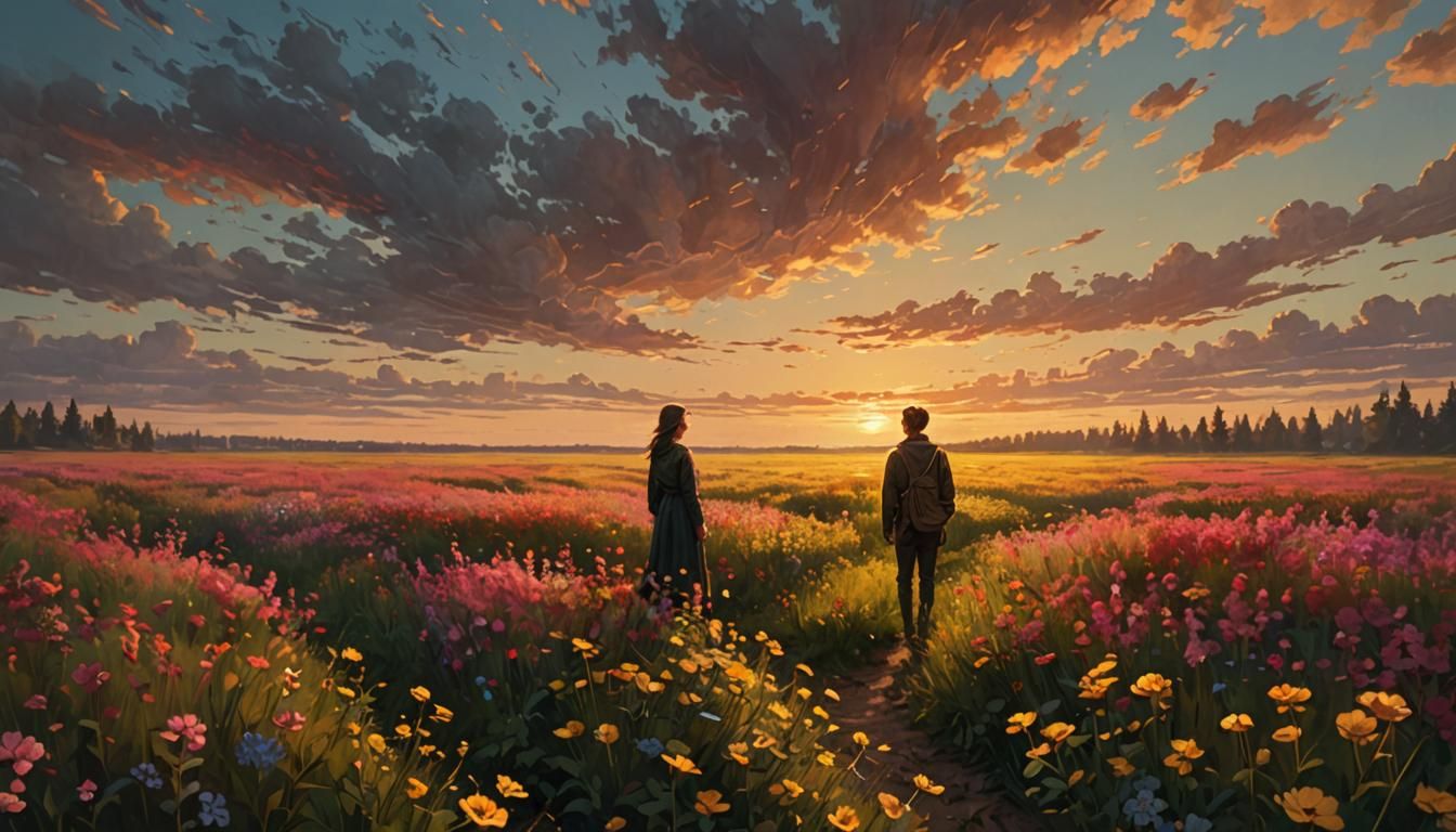 Vast Flower Field at Sunset: Matte Painting