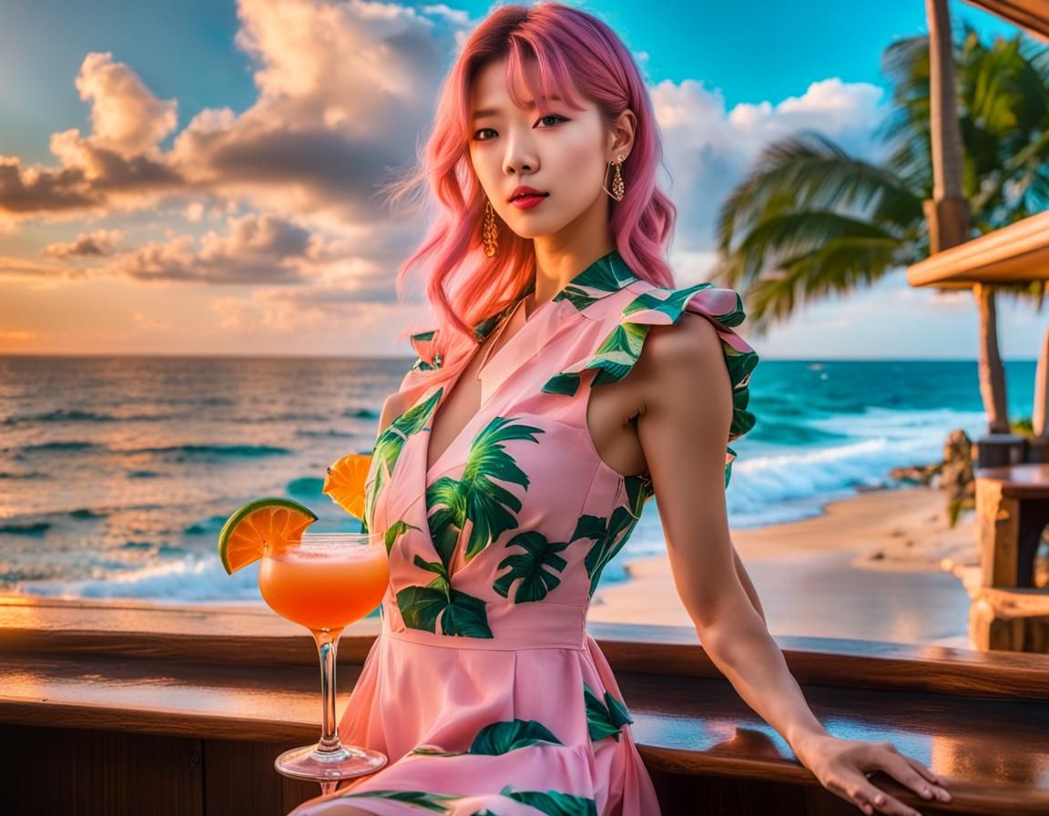TWICE Jeongyeon in a pink tropical dress with long pink hair  by @AdrianaSaranghae