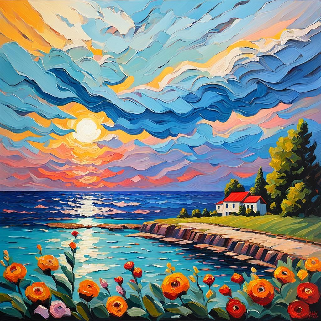 impasto, thick layers of paint, small palette knife style, beautiful view of Lake Erie USA, villas, sunset, ...  by @GRAZYNA-BARBARA