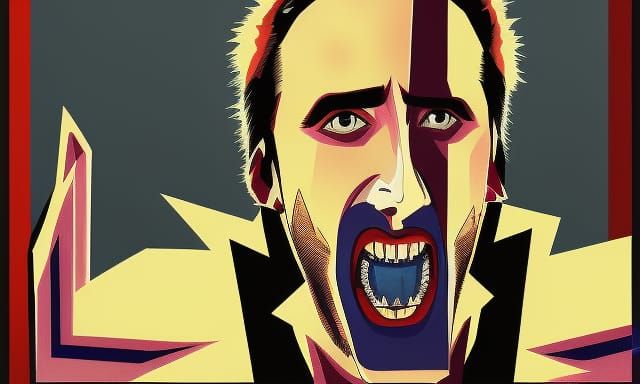 Nicolas cage as a vampire with long pointy sharp teeth