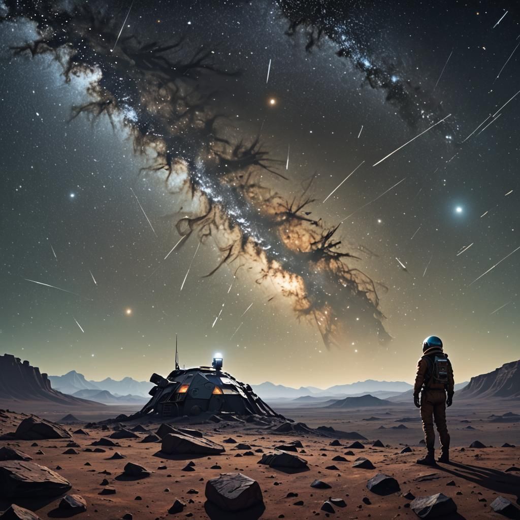 On a desolate planet, a lone explorer gazes up at a sky fill...