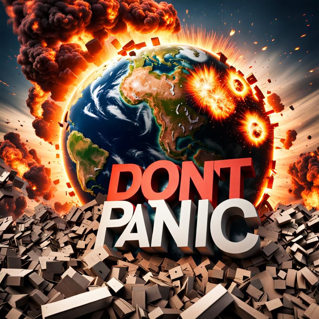 Exploding Earth with "DON'T PANIC" Message