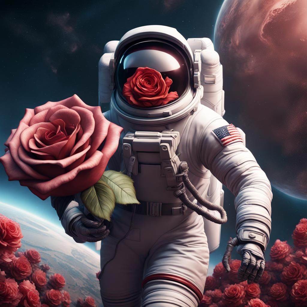 a man dressed as an astronaut carrying a rose