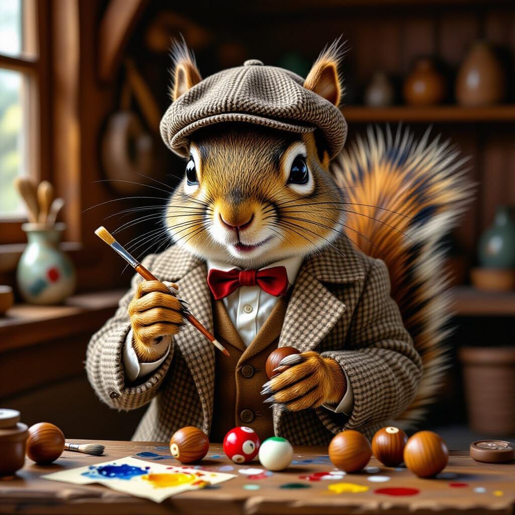 Very mischievous squirrel painting his nuts to look like billiard balls – funny realistic style.  by @TAPUZ KATOM