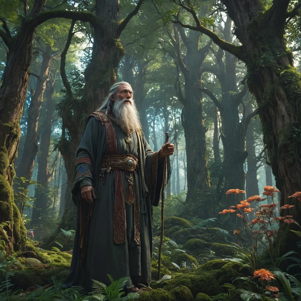 Mystical Forest Scene of Ancient Being in Digital Art