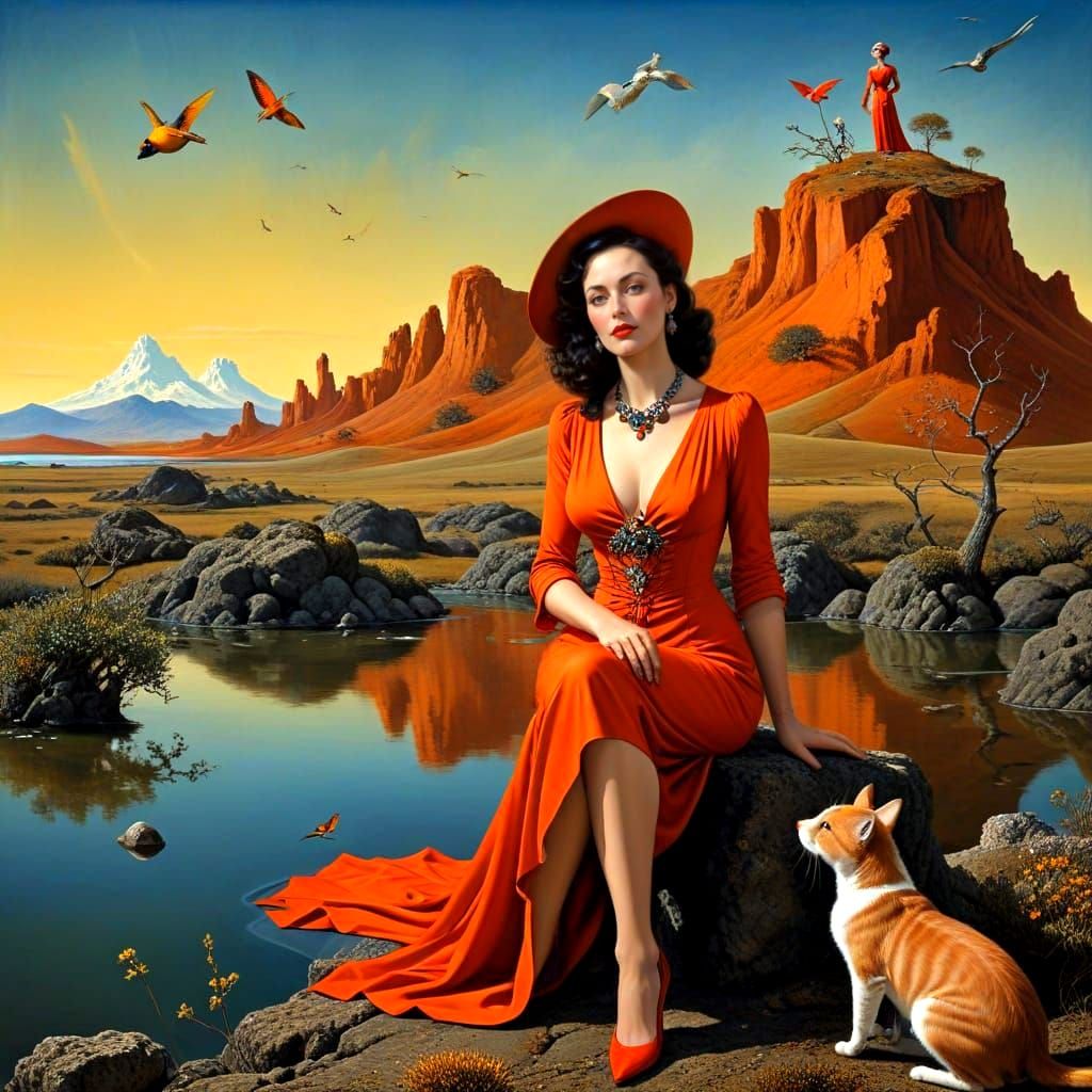 Surreal Portrait of a Happy Lady in Vibrant Landscape