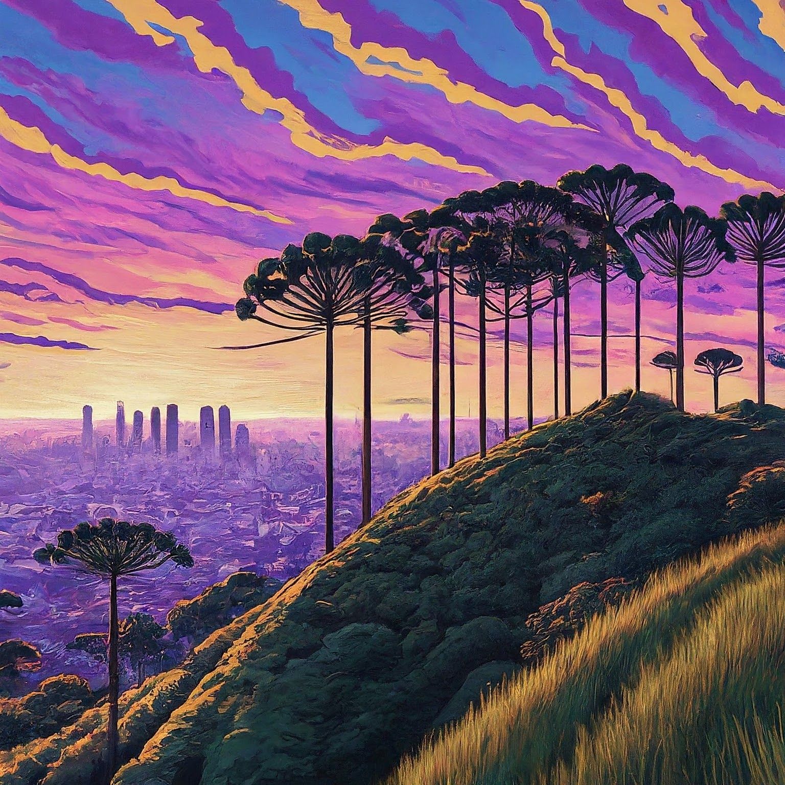 A landscape scene of a lush summer forest of Paraná Pines in...