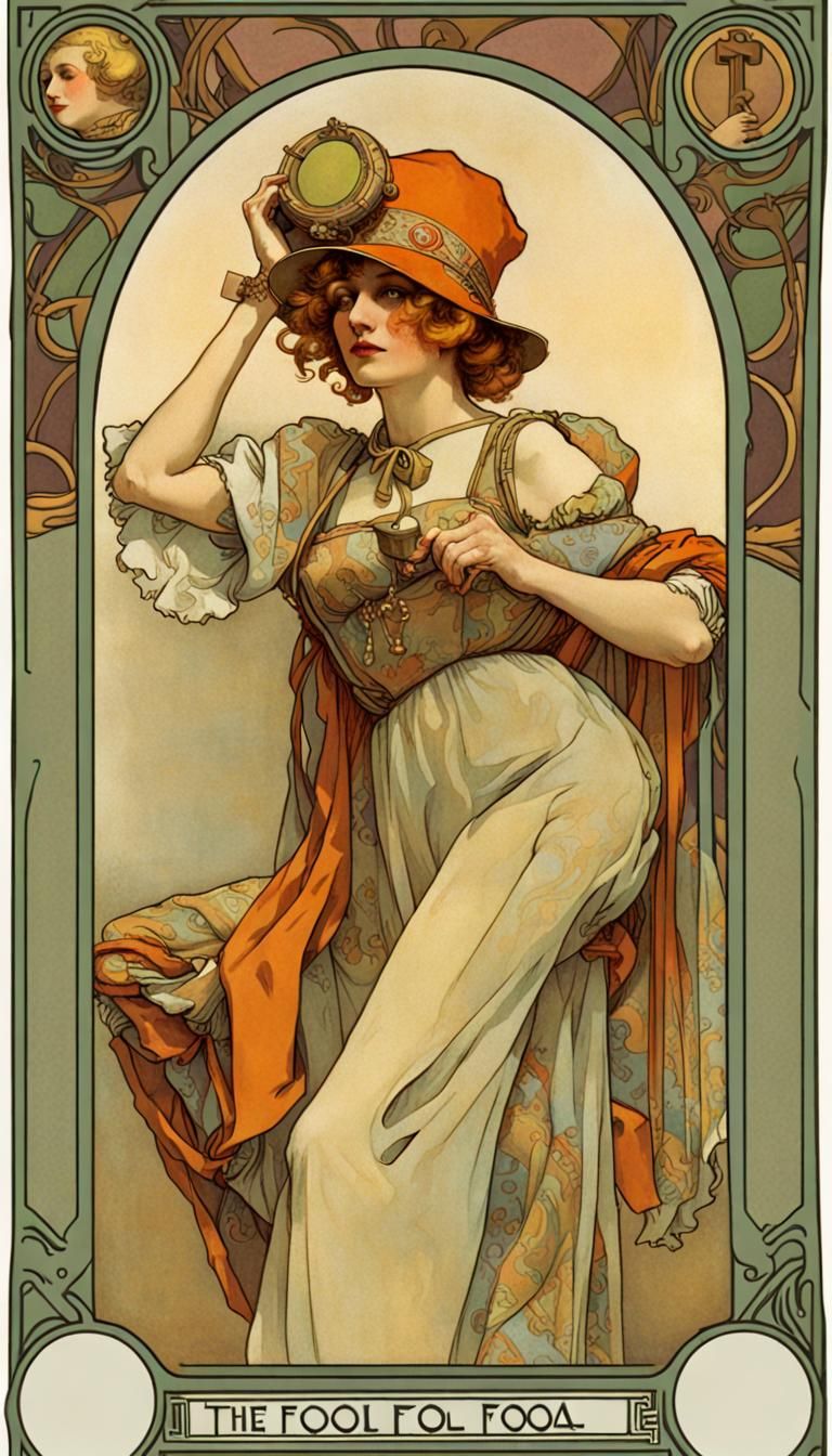 Alphonse Mucha, Tarot, The Fool Tarot card, female fool in a jesters ...