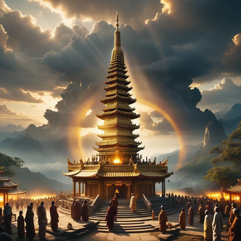 Majestic Pagoda with Divine Light: Cinematic Still