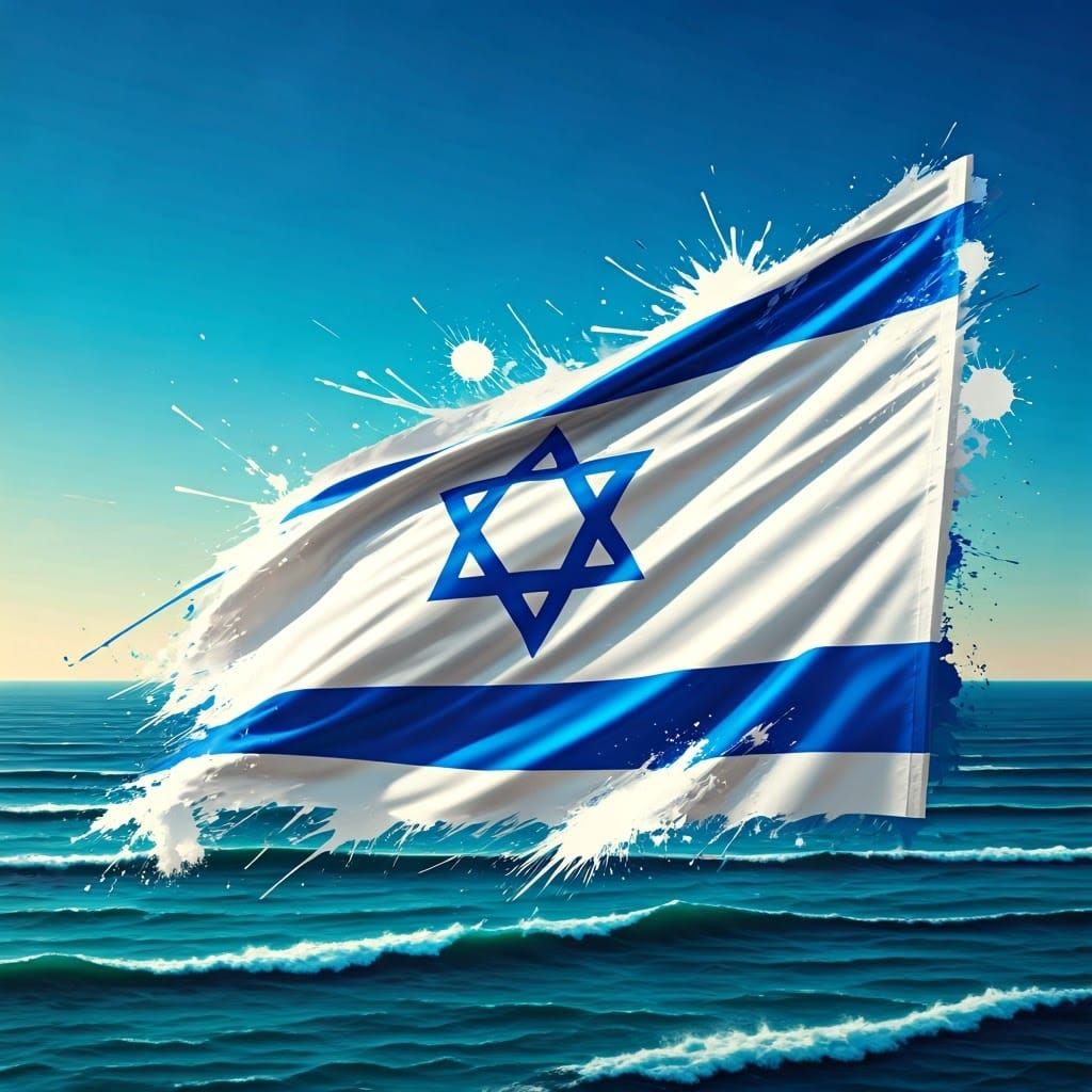 Israeli Flag Wavers Against Turquoise Ocean in Vibrant Stree...