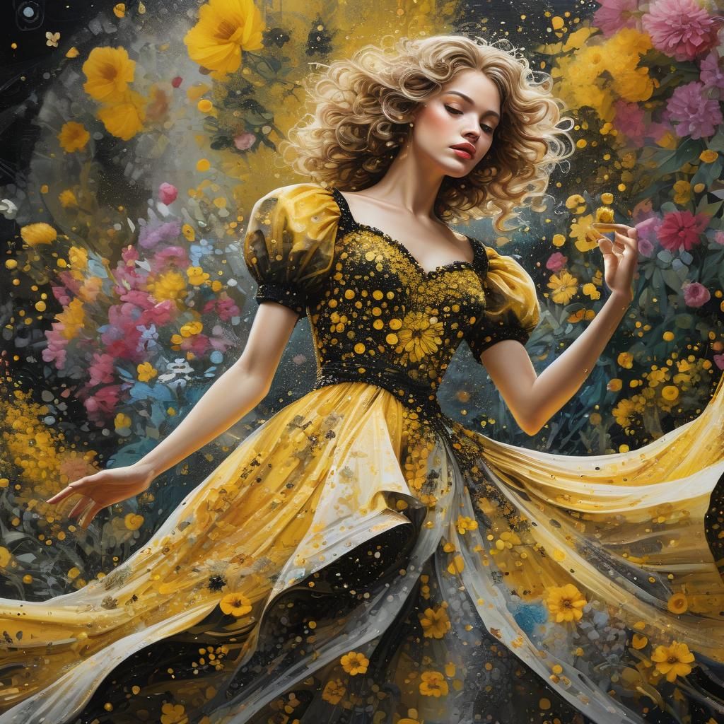 Bee Ball Gown in Pointillist Garden
