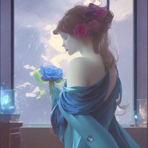 blue rose in a glass near the window with a storm in sky