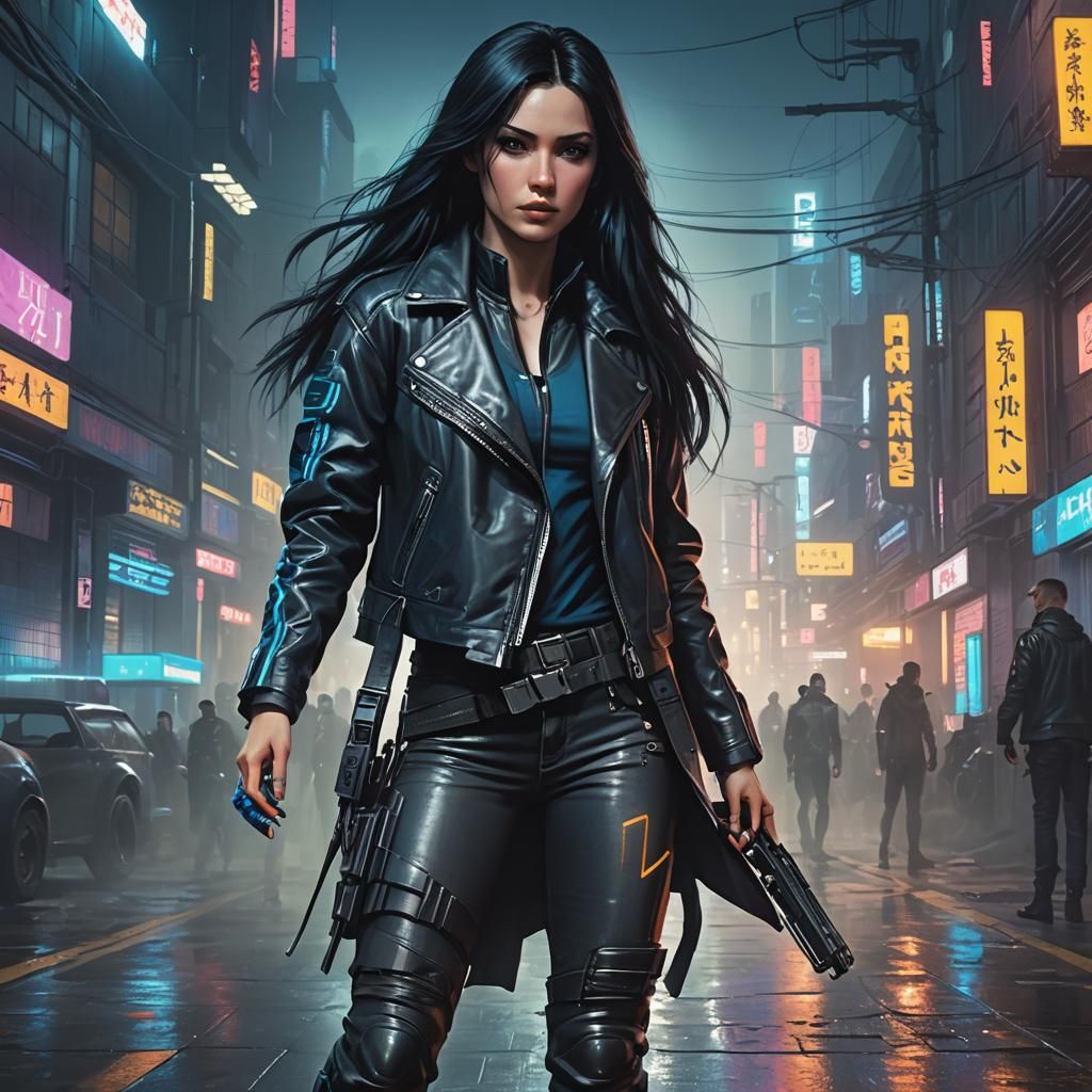 Cyberpunk Girl with Blue Streak in Neon City