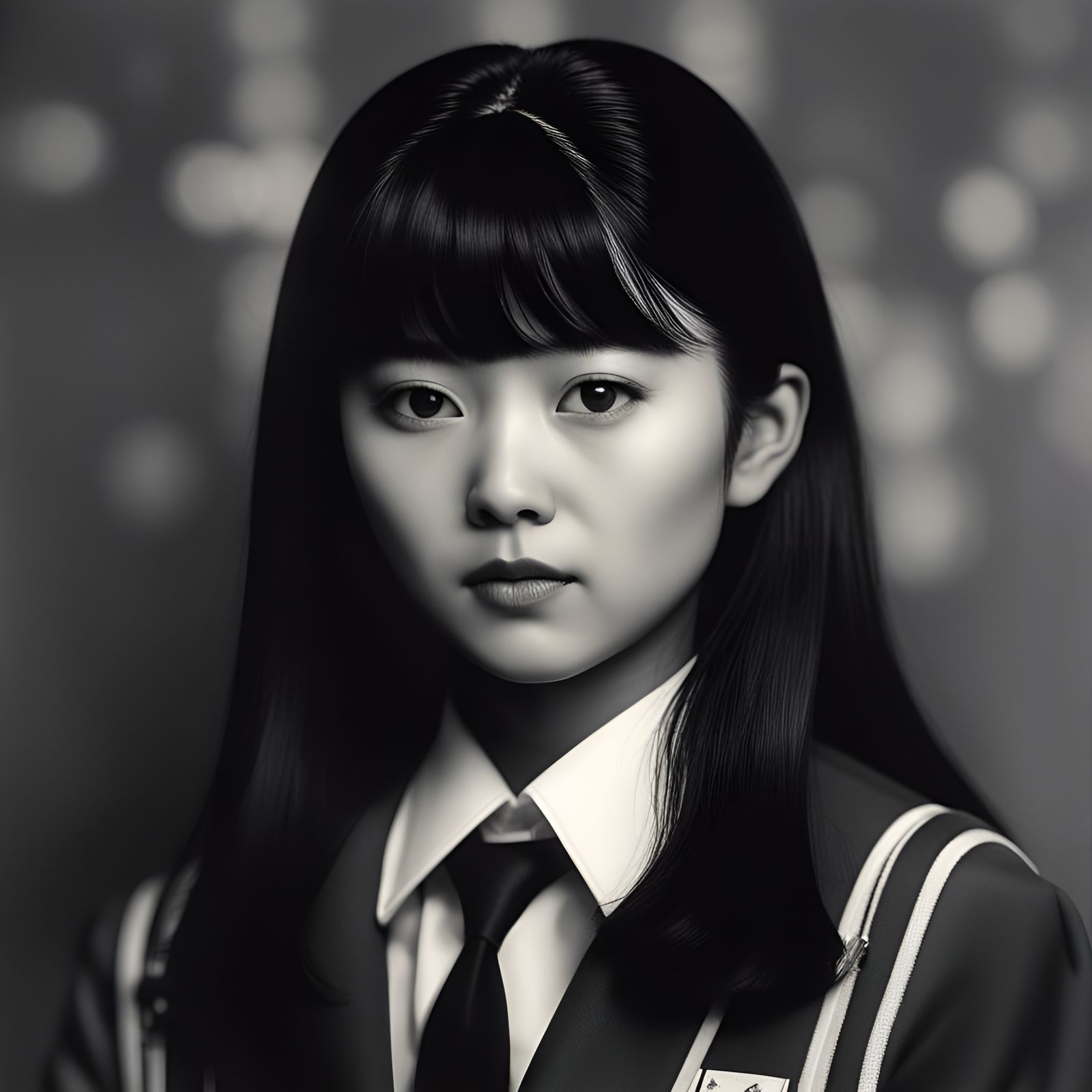 A black and white portrait of Junko Furuta wearing her 1989’s Japanese