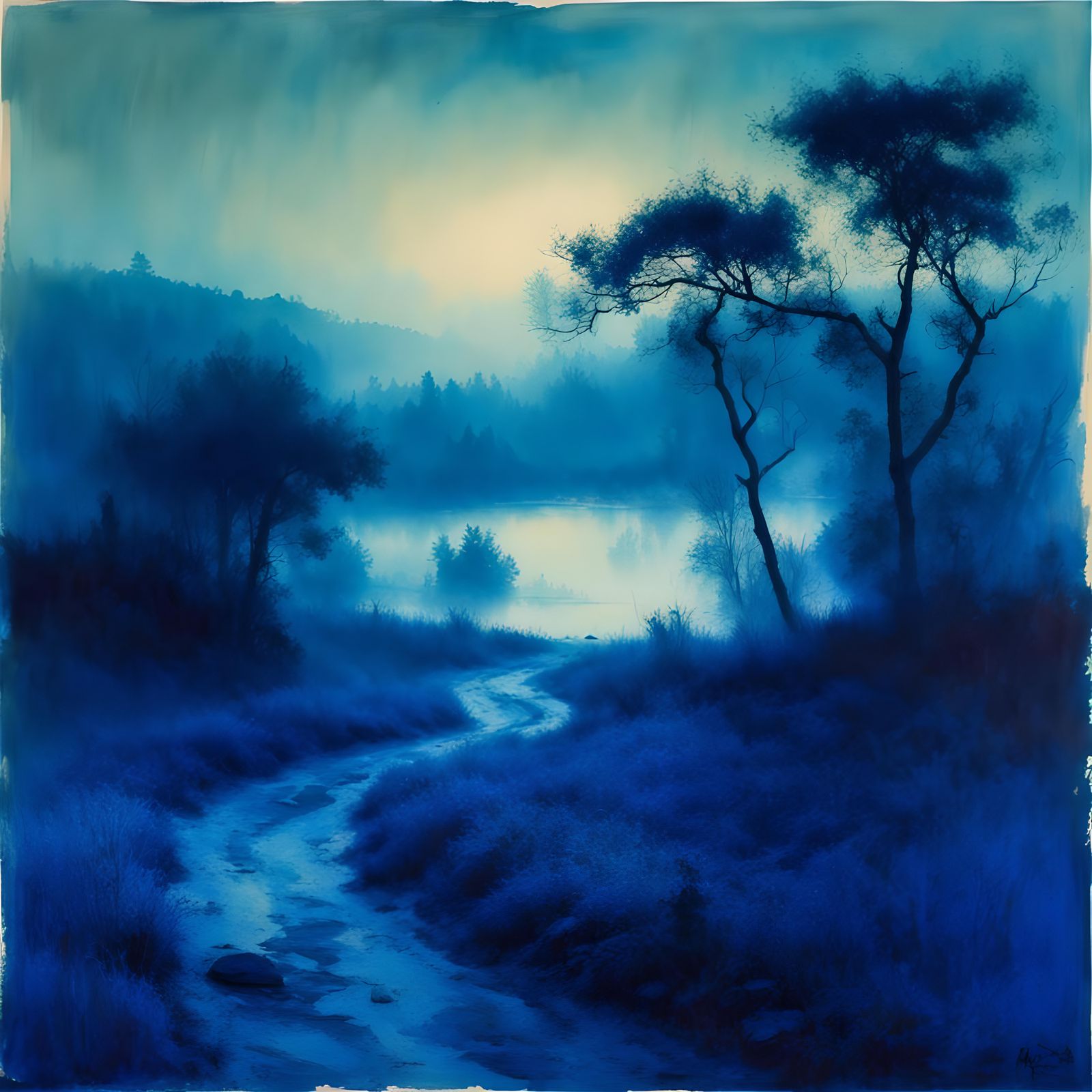 Ethereal cyanotype landscapes, intense color, dawn, Pino Daeni, high ...