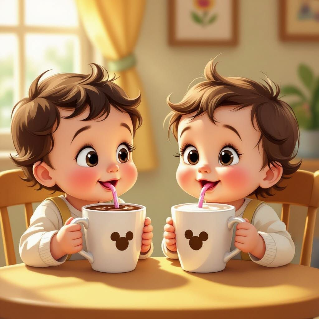 Two Babies Enjoying Chocolate Milk in Cartoon Style