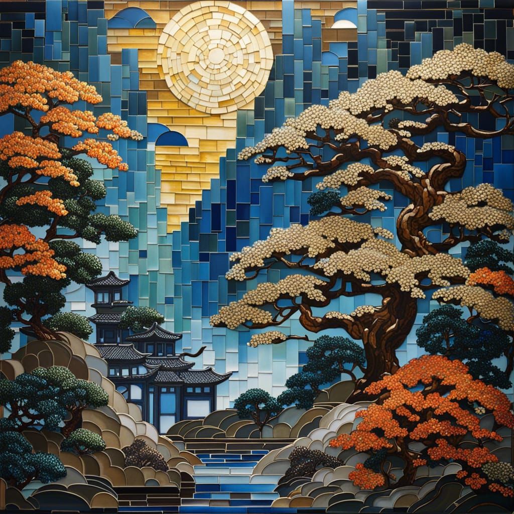 100 glass tile mosaic snarled bonsai tree night AI Generated Artwork