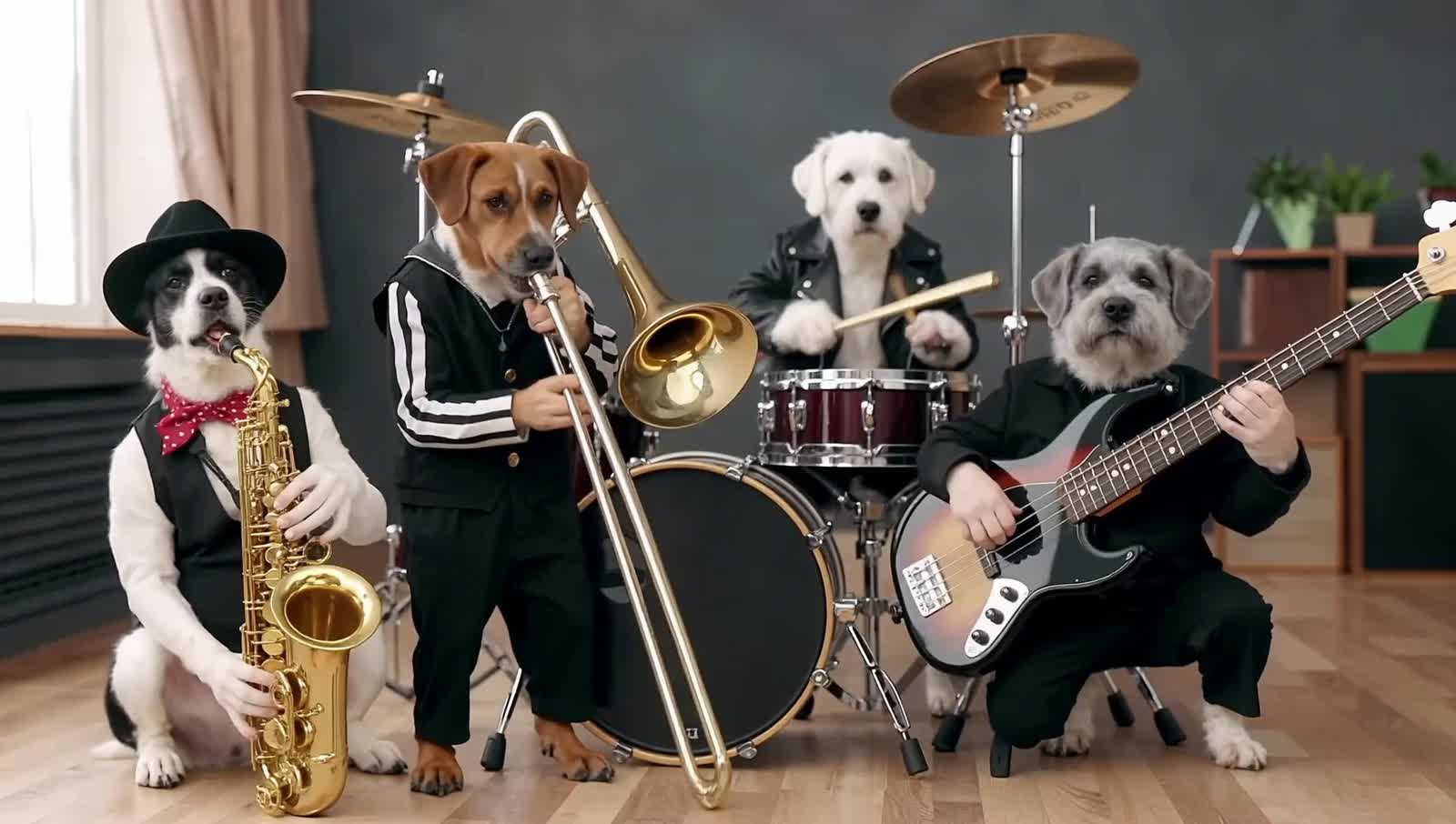 four dogs playing jazz instruments