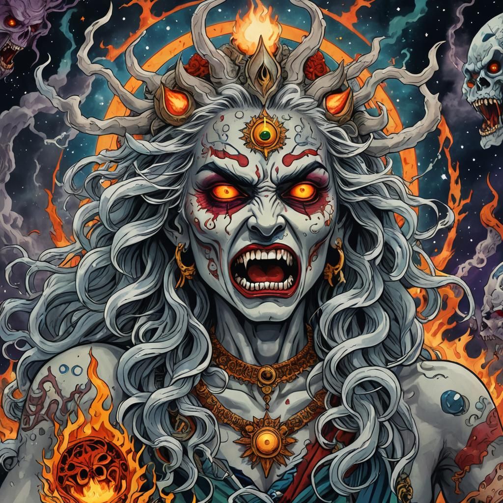 Angry face, Goddess Hindu of destruction, third eye, fangs, ...
