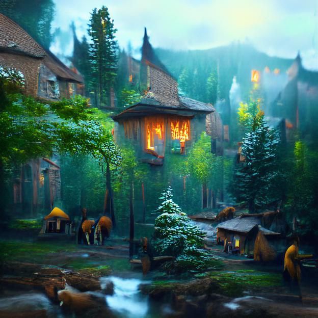 Cozy warm forest village; beautifully lit; Albert Bierstadt ...