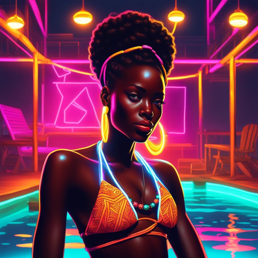 African Black Beauty with bikini glowing neon