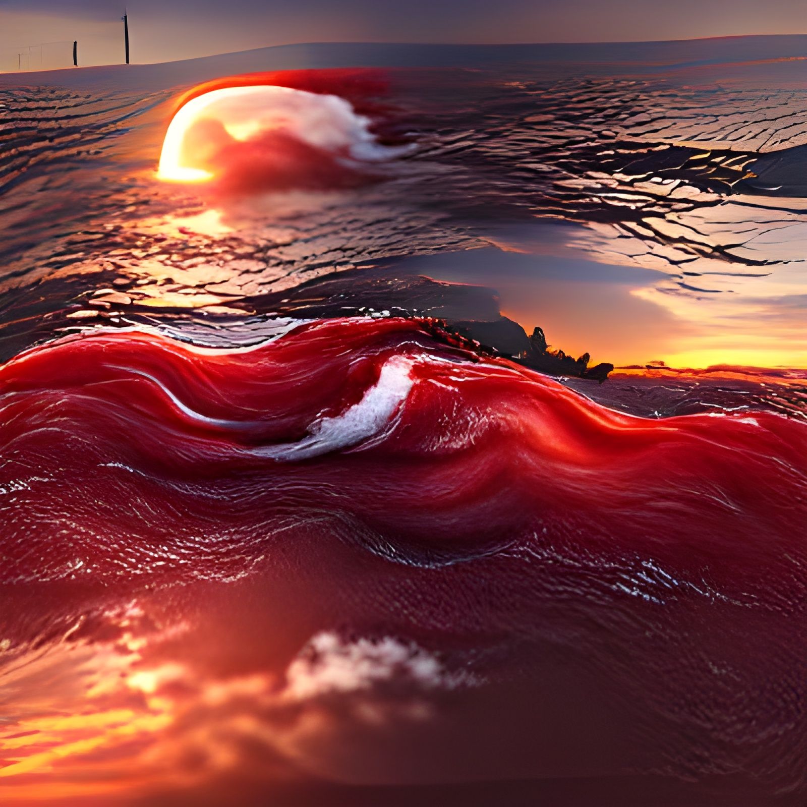 A blood red sunset reflecting across the ocean waves 8K 3D Behance HD ...