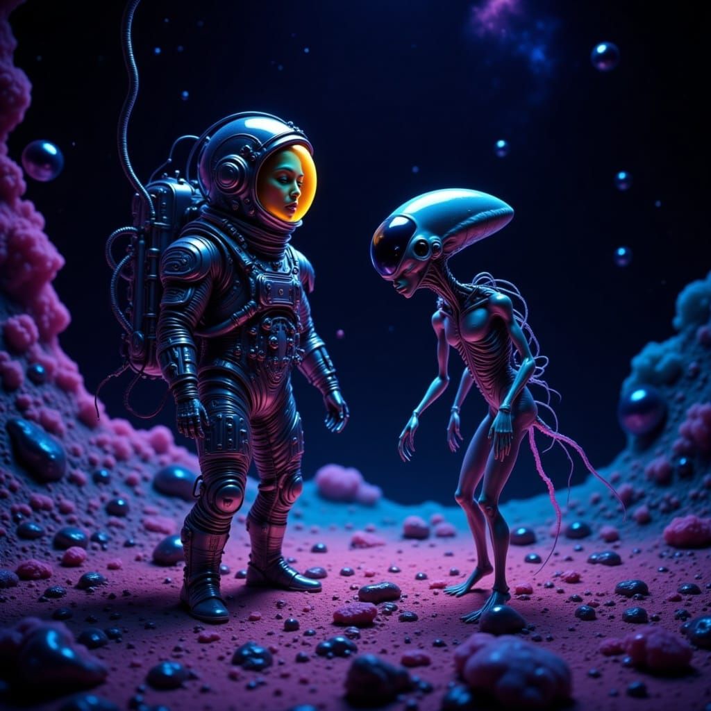 mood lighting neon colors UV light capturing the moment of a coincidental meeting between a lost astronaut and a curious alien in the vastne...