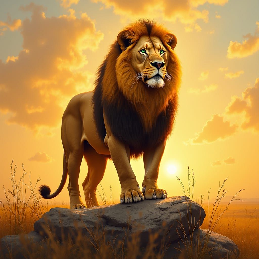 Majestic Lion Standing Proud on Sunset Savannah