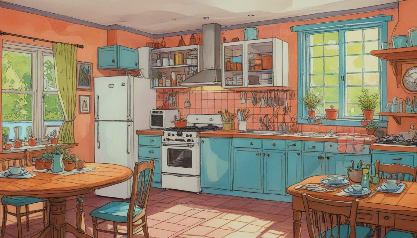 modern kitchen, modern comic book style, moebius, ghibli, erin hanson, gouache, watercolor